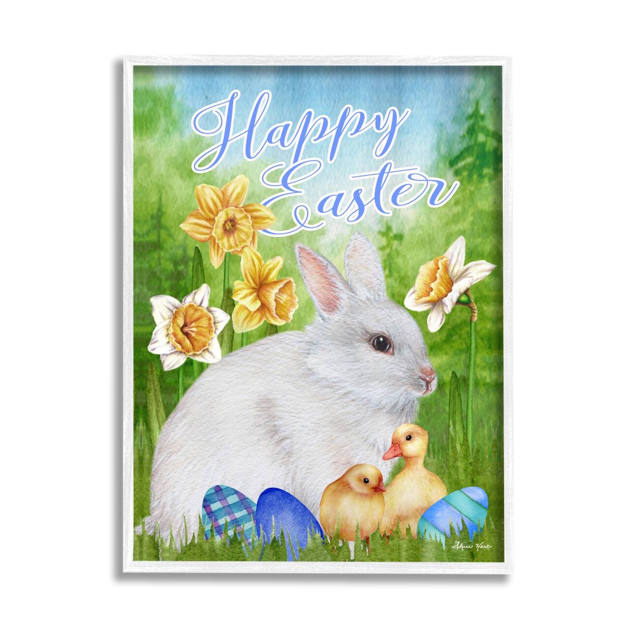 Stupell Industries Happy Easter Spring Bunny Rabbit Phrase Baby Chicks Framed Giclee Art